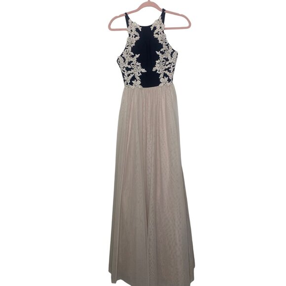 Blondie Nites Embellished Maxi Evening Gown Womens Size 5 Black Beige Elegant Fo - Picture 1 of 16